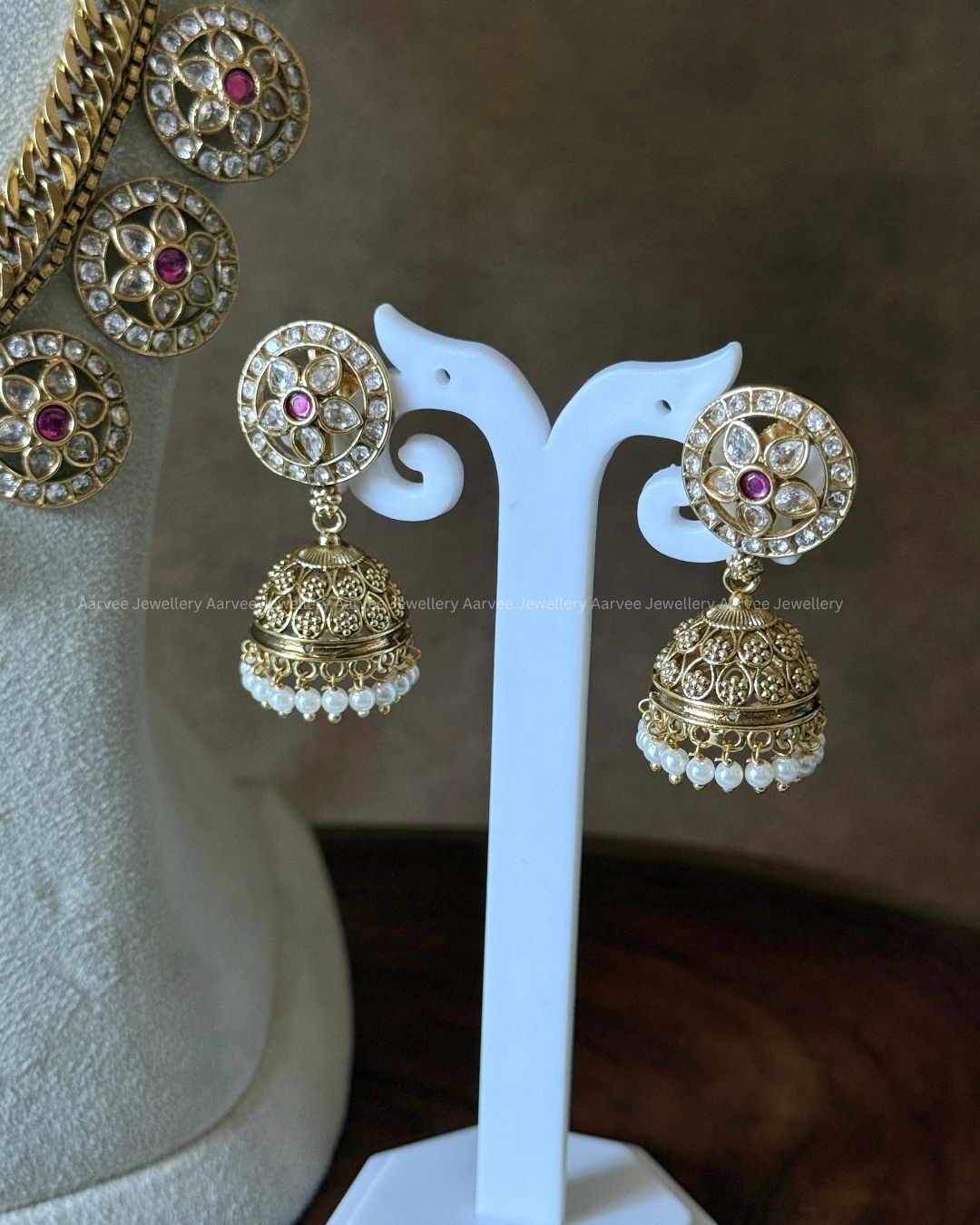 PREMIUM PINK/WHITE KUNDAN STONE JALEBI STYLE BOTTU MALA HARAM SET