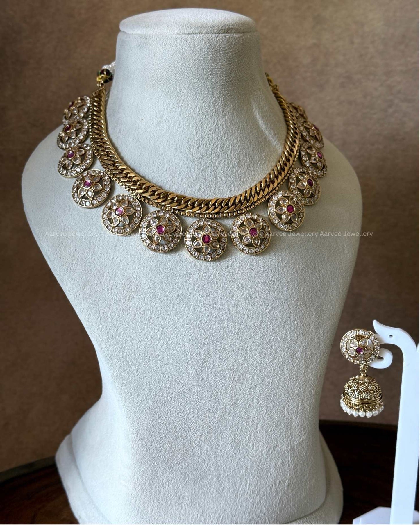 PREMIUM PINK/WHITE KUNDAN STONE JALEBI STYLE BOTTU MALA NECKLACE SET