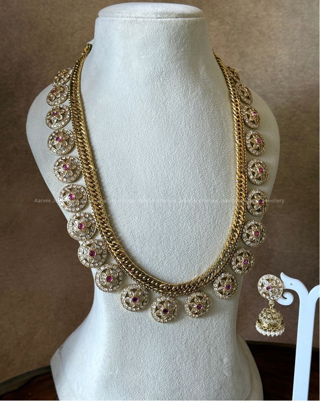 PREMIUM PINK/WHITE KUNDAN STONE JALEBI STYLE BOTTU MALA HARAM SET