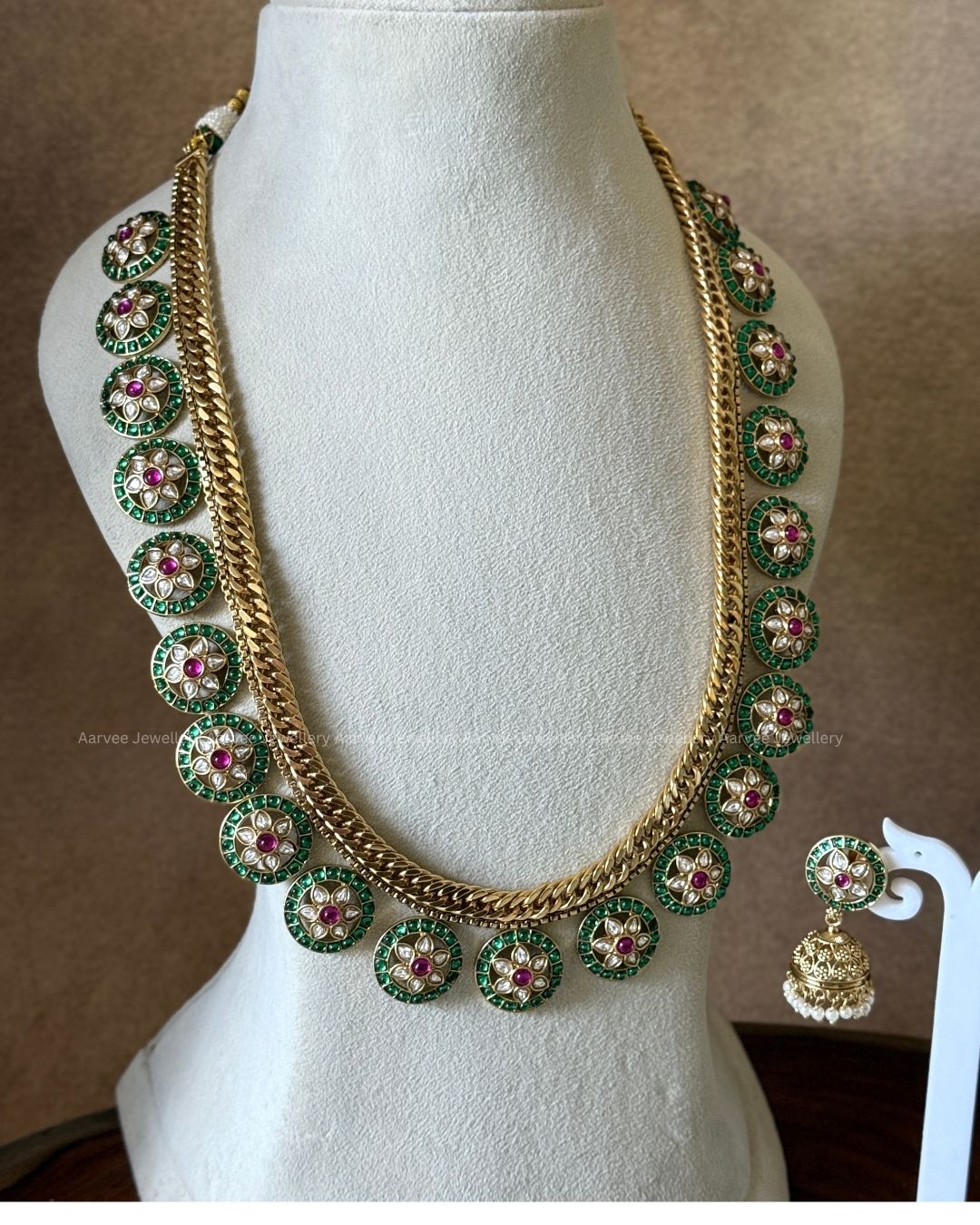 PREMIUM GREEN/RUBY/WHITE KUNDAN STONE JALEBI STYLE BOTTU MALA HARAM SET