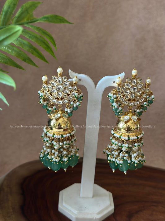 POLKI KUNDAN WHITE STONE CHAND JHUMKI WITH PASTEL BEADS
