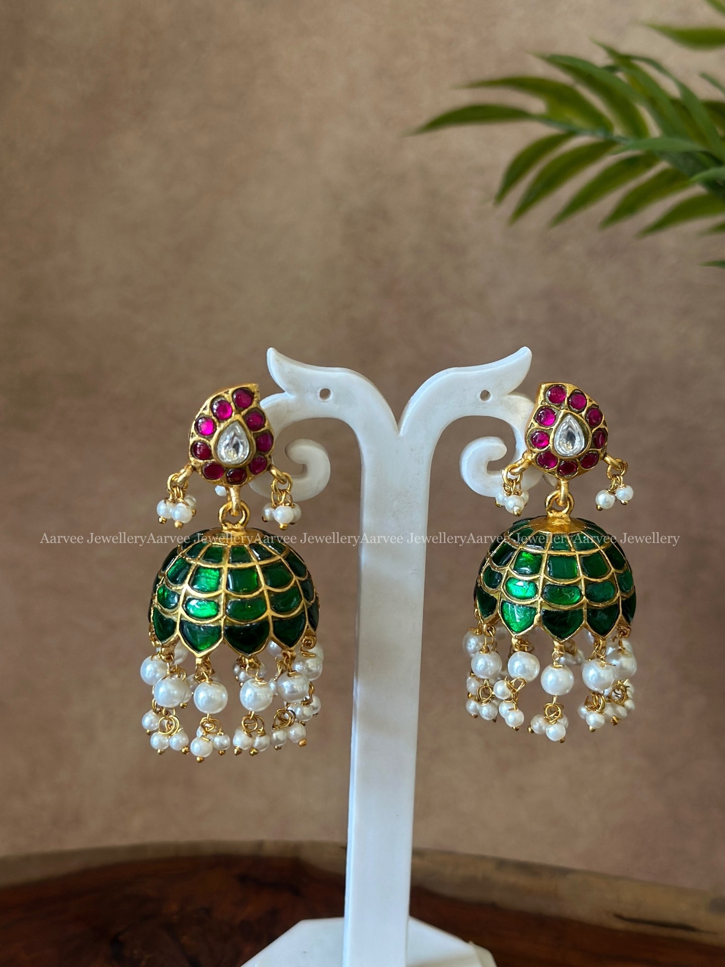 JADAU RUBY STONE MANGO JHUMKI WITH GREEN BUTTA