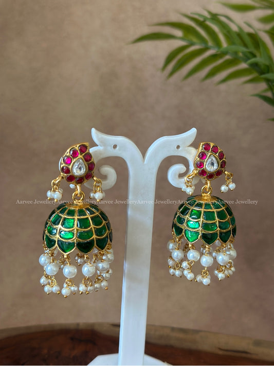 JADAU RUBY STONE MANGO JHUMKI WITH GREEN BUTTA