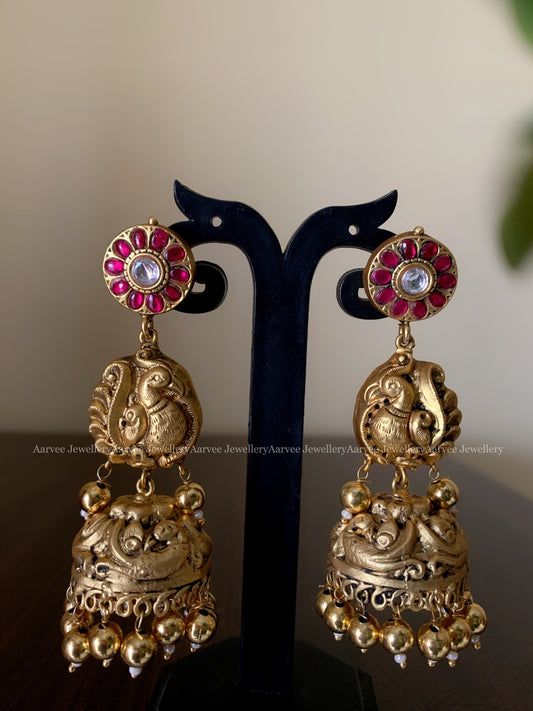 JADAU KUNDAN PINK STONE BUTTA PEACOCK JHUMKI WITH GOLD BEADS