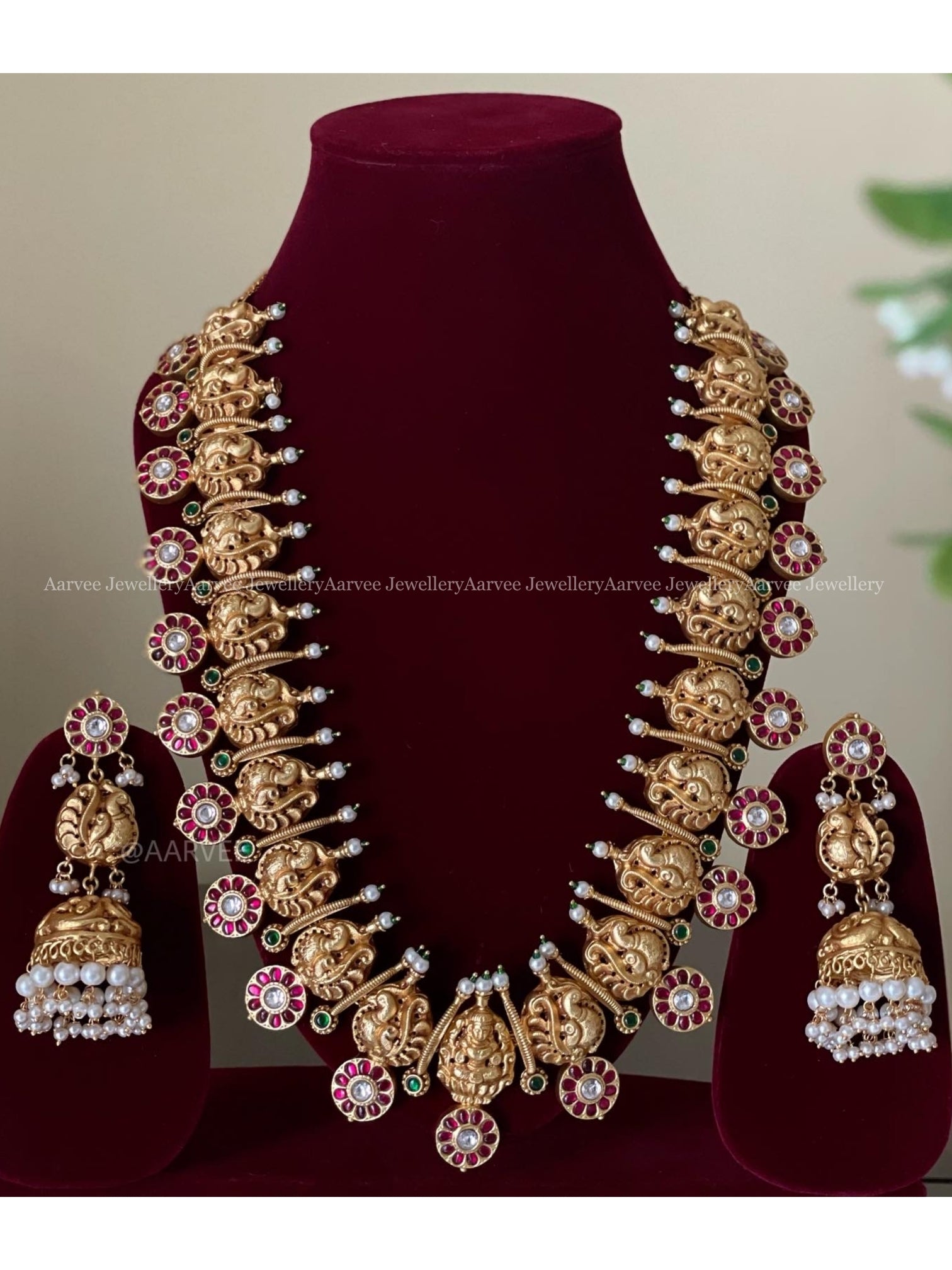 JADAU KUNDAN PINK STONE ANNAM & LAKSHMI PENDANT MID LENGTH HARAM SET WITH PEARL BEADS