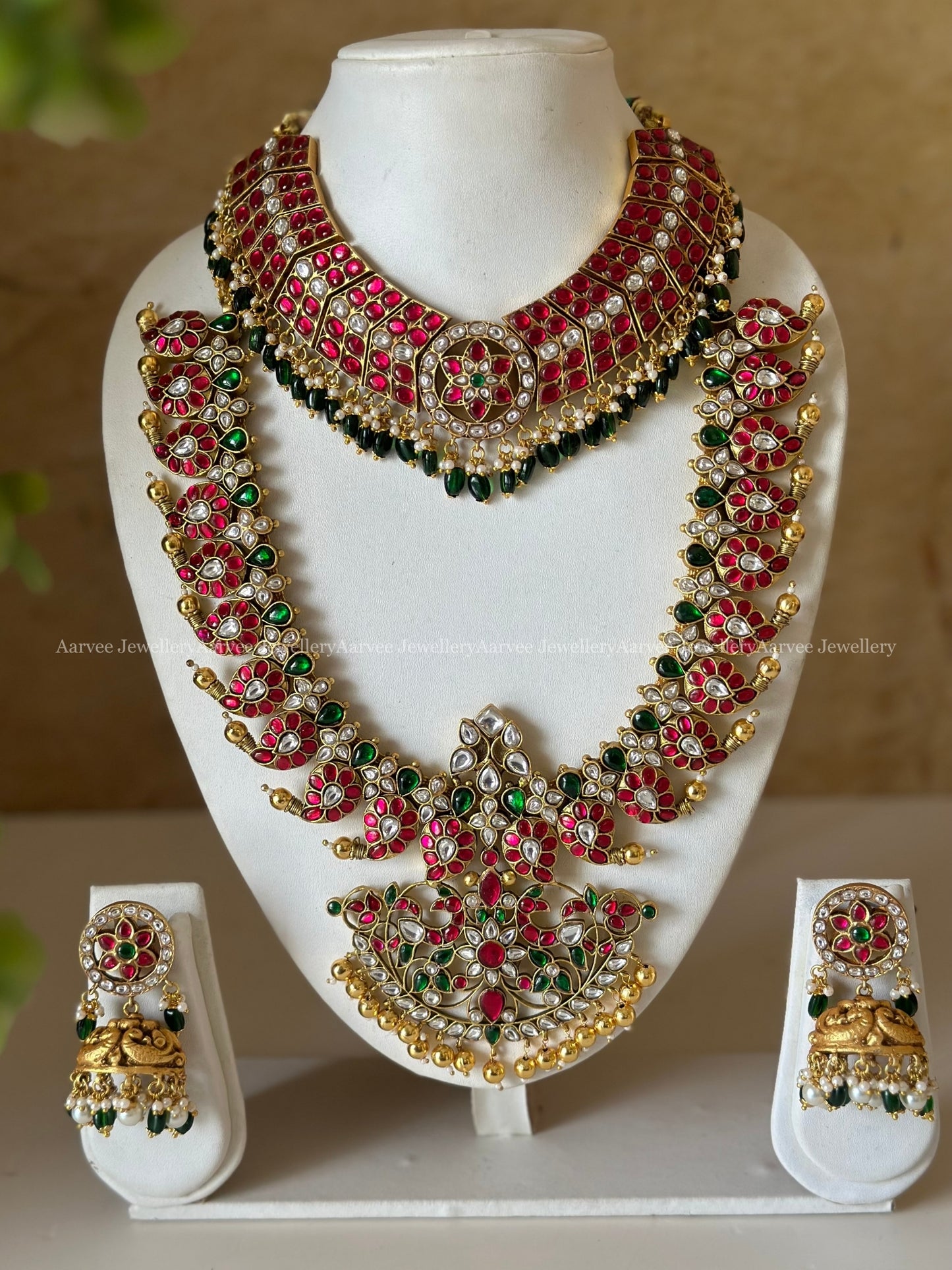 JADAU KUNDAN SEMI BRIDAL | RUBY STONE BUTTA CHOKER WITH MID LENGTH MANGO MOTIF NEKLACE AND BUTTA JHUMKI