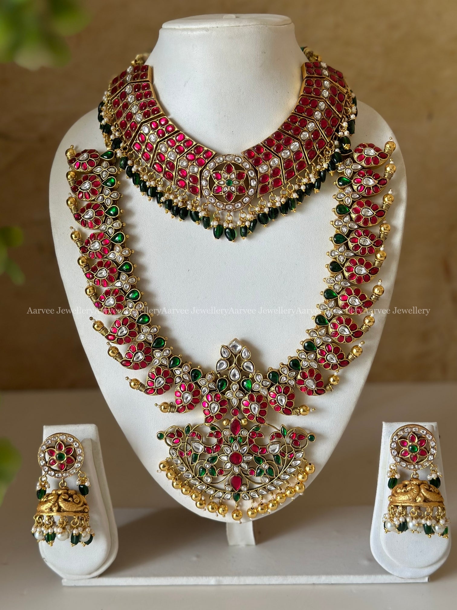 JADAU KUNDAN SEMI BRIDAL | RUBY STONE BUTTA CHOKER WITH MID LENGTH MANGO MOTIF NEKLACE AND BUTTA JHUMKI