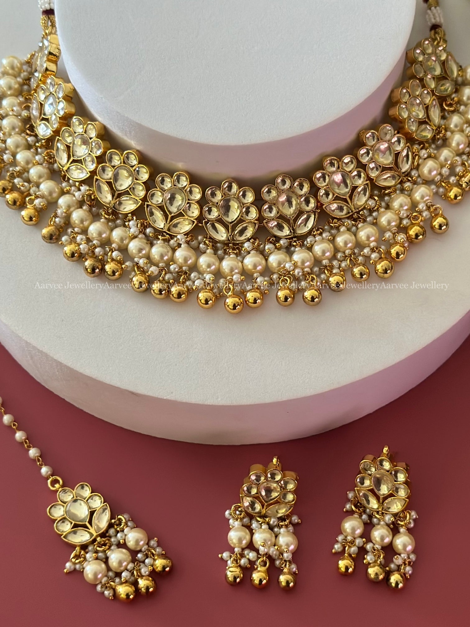 POLKI KUNDAN WHITE STONE FLORAL CHOKER SET WITH PEARL & GOLD BEADS
