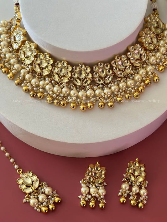 POLKI KUNDAN WHITE STONE FLORAL CHOKER SET WITH PEARL & GOLD BEADS