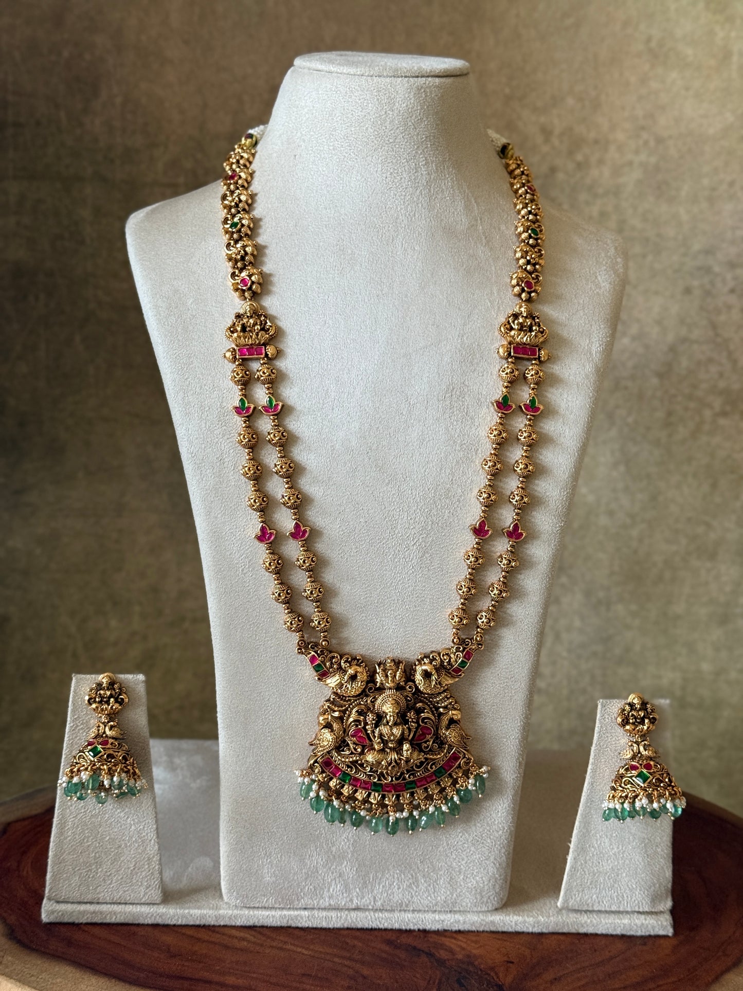 GOLD BEADED TEMPLE JEWELLERY LAKSHMI PENDANT HARAM SET WITH PASTEL BEADS