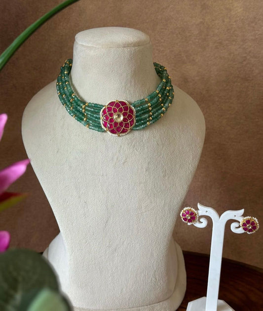 POLKI KUNDAN PASTEL BEADED CHOKER SET WITH PINK FLORAL PENDANT