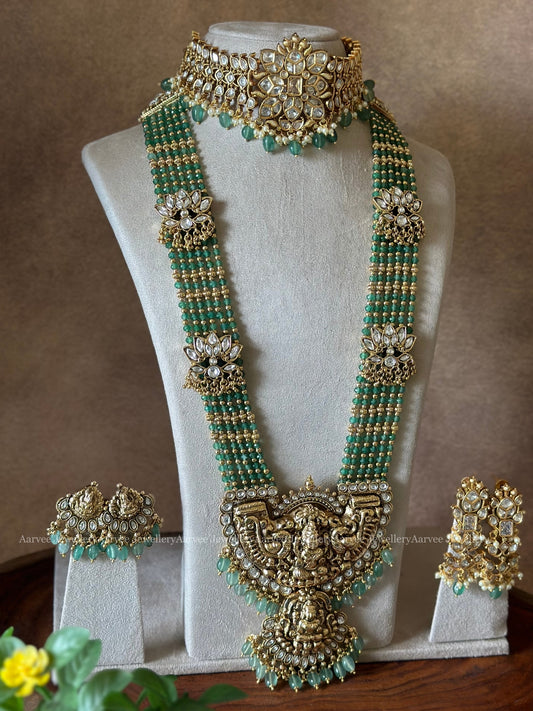 SEMI BRIDAL SET | PASTEL BEADED HARAM WITH LAKSHMI PENDANT PAIRED WITH A KUNDAN CHOKER WITH PASTEL BEADS