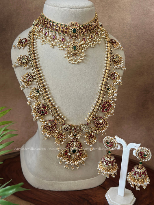 CONTEMPORARY BRIDAL SET | GUTTA PUSALU HARAM WITH A CZ CHOKER IN  RUBY-GREEN STONES AND PEARLS