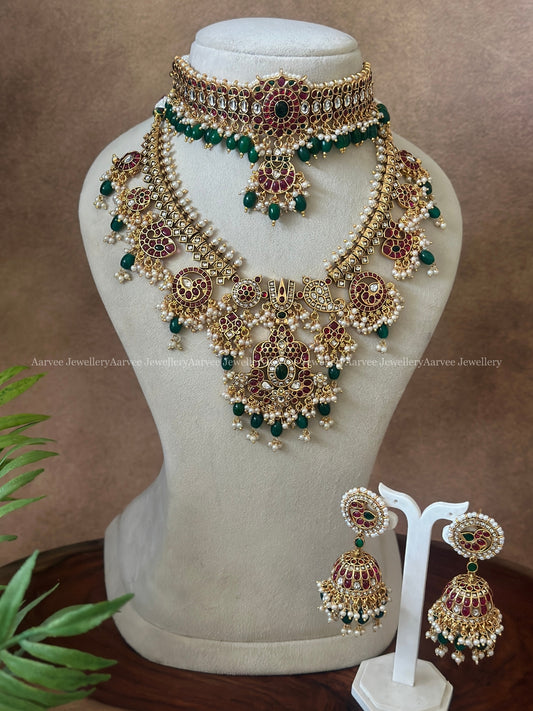 GUTTA PUSALU NECKLACE PAIRED WITH A KEMP CHOKER | WITH RUBY STONES AND MIX OF PEARLS AND GREEN BEADS