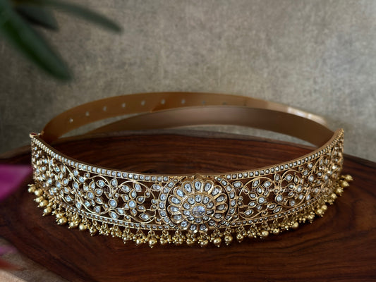 KUNDAN WHITE STONES WAIST BELT WITH GOLD BEADS