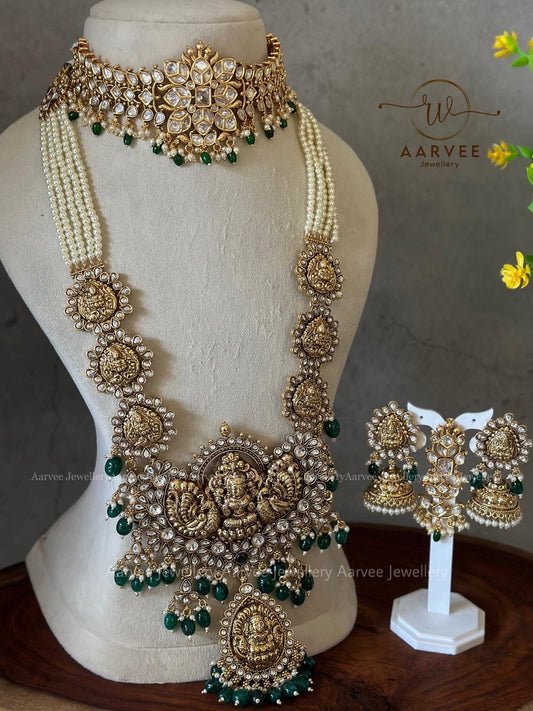 SEMI BRIDAL TEMPLE JEWELLERY SET | KUNDAN CHOKER WITH GREEN BEADS PAIRED WITH PEARL LAKSHMI PENDANT HARAM WITH GREEN BEADS