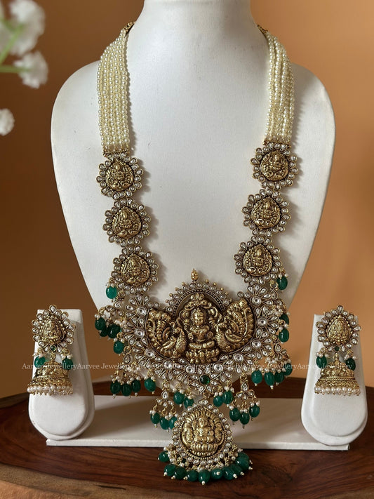 TEMPLE JEWELLERY | PEARL LAKSHMI PENDANT HARAM SET WITH GREEN BEADS