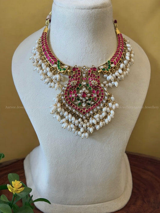 JADAU KUNDAN KANTI NECKLACE WITH PEACOCK PENDANT AND RICE PEARLS