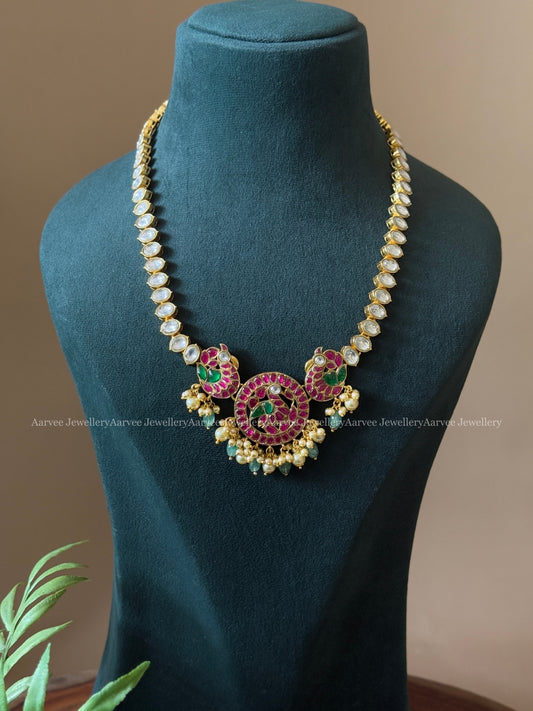 JADAU KUNDAN WHITE STONES NECKLACE WITH PEACOCK MOTIF PENDANT