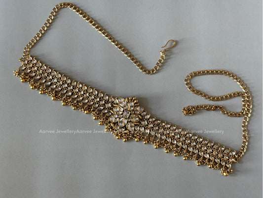 KUNDAN WHITE STONES WAIST CHAIN WITH GOLD BEADS