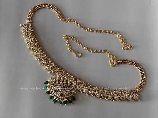 MANGO MOTIF KUNDAN  WHITE STONES WAIST CHAIN WITH GREEN BEADS
