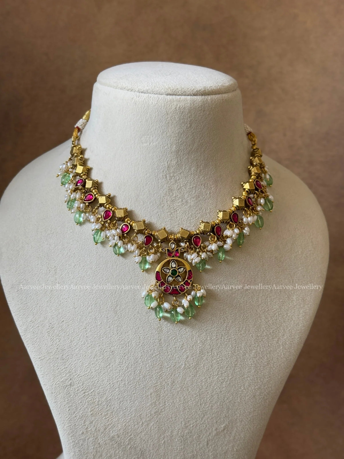 JADAU KUNDAN MANGO MOTIF BRIDAL JEWELLERY SET WITH LIGHT PASTEL GREEN BEADS