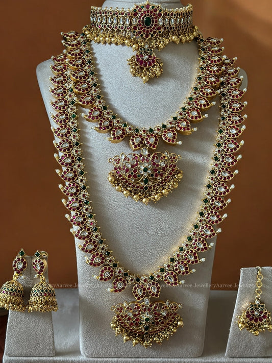 KEMP SEMI BRIDAL JEWELLERY SET | MANGO MOTIF RUBY STONES WITH GOLD BEADS