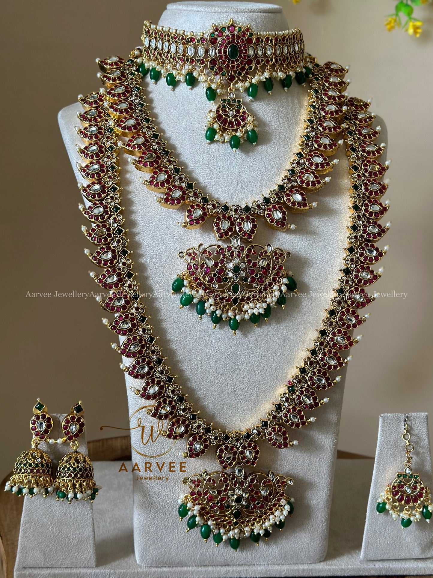 KEMP SEMI BRIDAL JEWELLERY SET | MANGO MOTIF RUBY STONES WITH GREEN BEADS