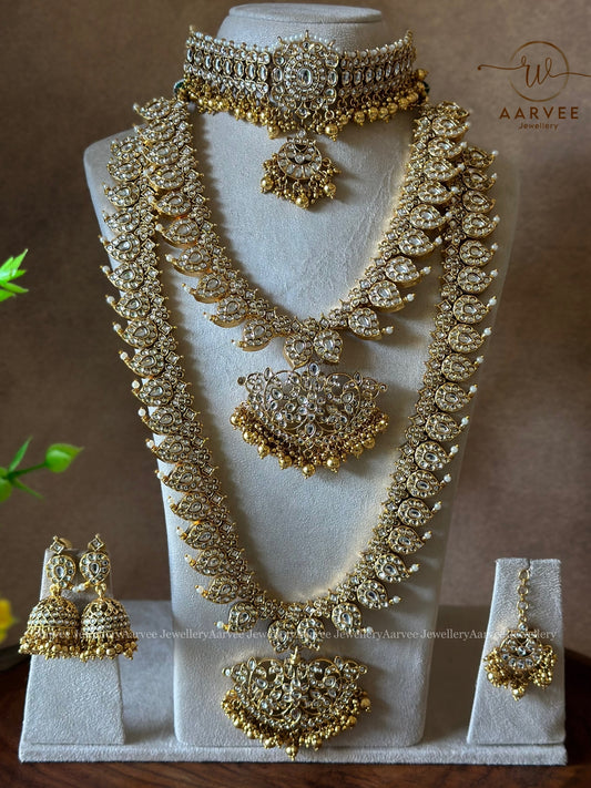 KEMP SEMI BRIDAL JEWELLERY SET | MANGO MOTIF WHITE STONES WITH GOLD BEADS