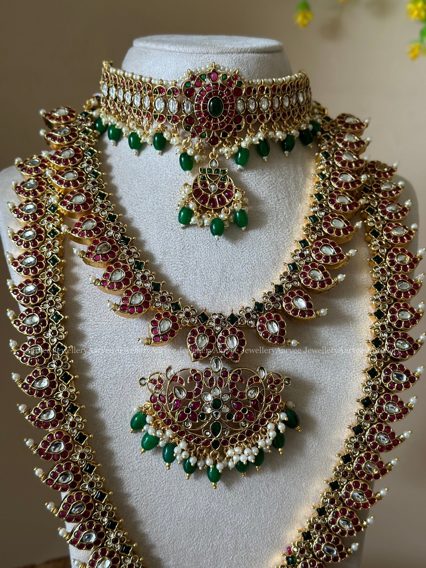 KEMP SEMI BRIDAL JEWELLERY SET | MANGO MOTIF RUBY STONES WITH GREEN BEADS