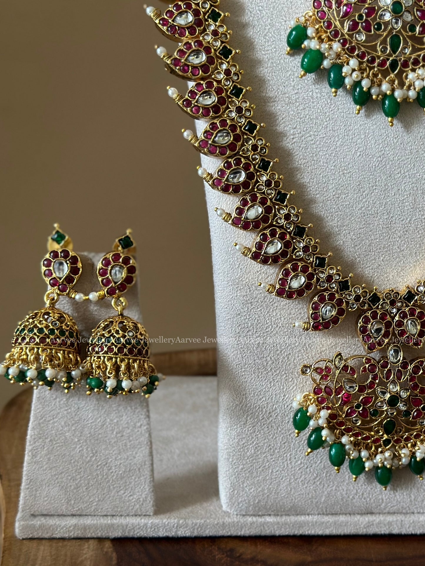 KEMP SEMI BRIDAL JEWELLERY SET | MANGO MOTIF RUBY STONES WITH GREEN BEADS