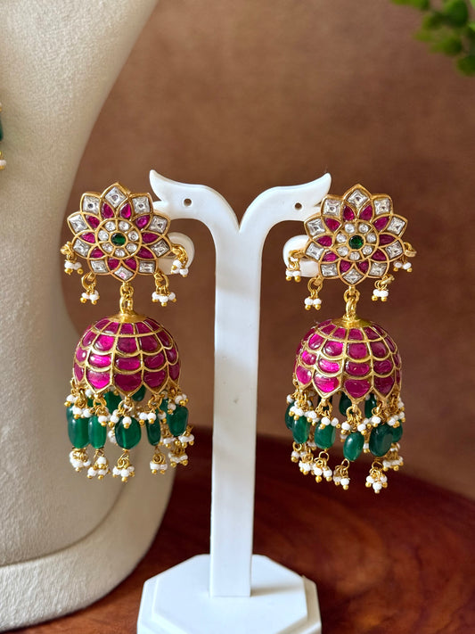 JADAU KUNDAN FLORAL JHUMKI WITH PINK STONES & GREEN BEADS
