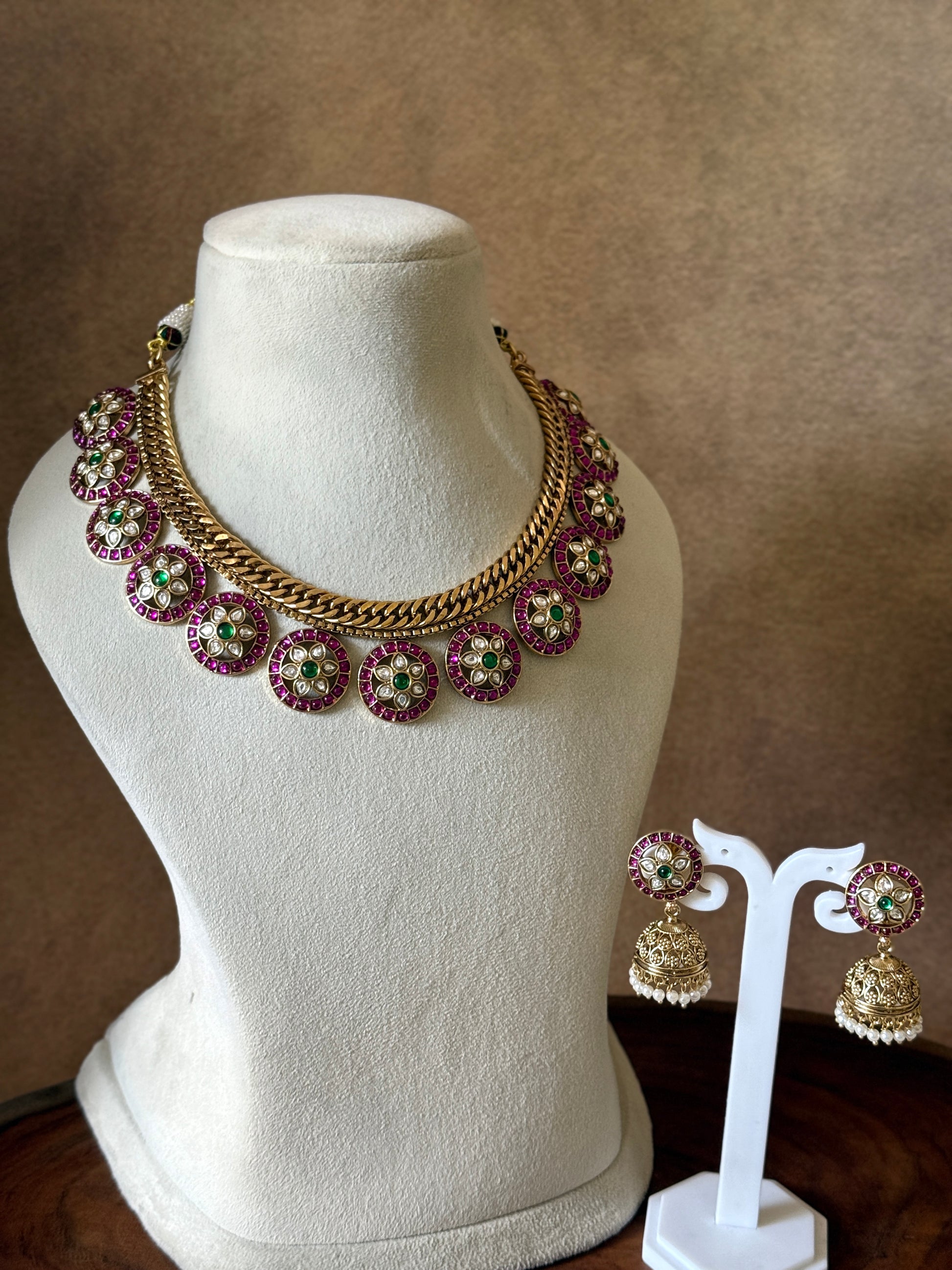 PREMIUM PINK / GREEN KUNDAN STONES BOTTUMALA NECKLACE SET