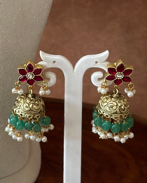 JADAU KUNDAN FLORAL JHUMKI WITH PASTEL BEADS