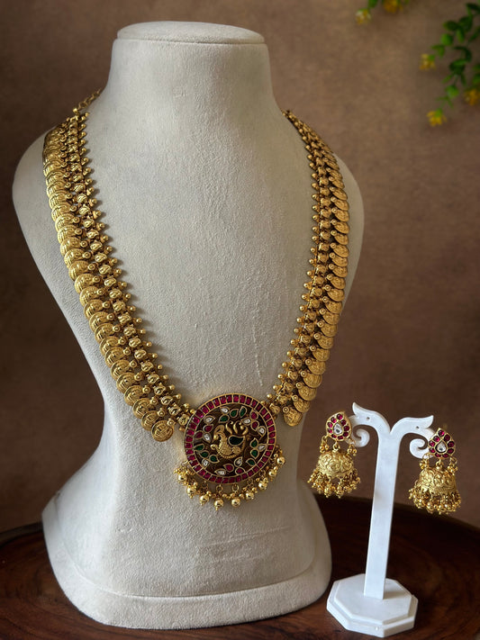 JADAU KUNDAN COIN MIDLENGTH CHAIN SET WITH JHUMKI IN PEACOCK PENDANT & GOLD BEADS
