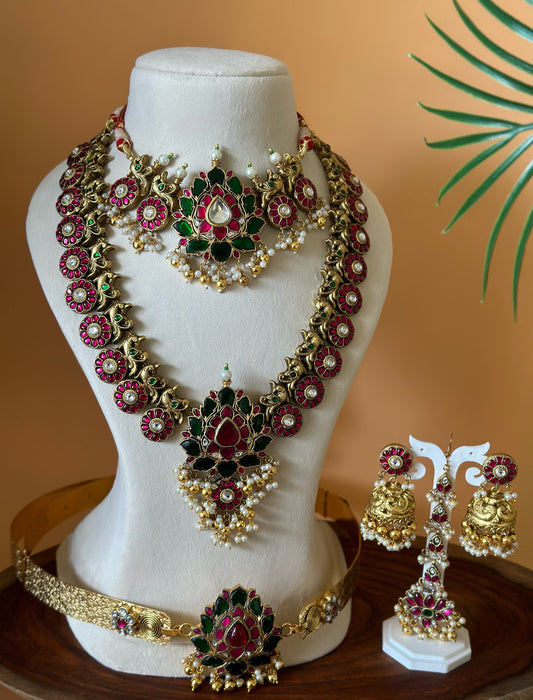 JADAU KUNDAN BRIDAL SET| LOTUS MOTIF HAARAM| LOTUS MOTIF CHOKER| LOTUS MOTIF WAIST BELT| LOTUS MOTIF TIKKA