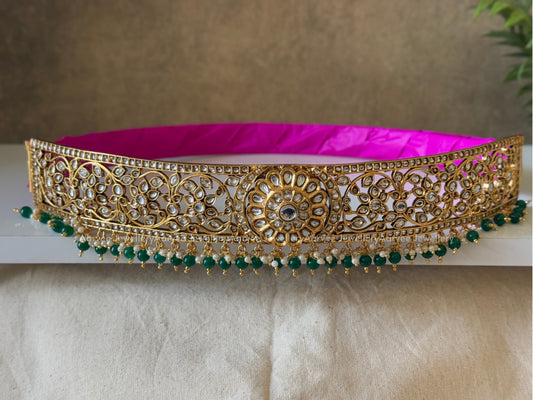 KUNDAN WHITE STONES WAISTBELT WITH DARK GREEN BEADS