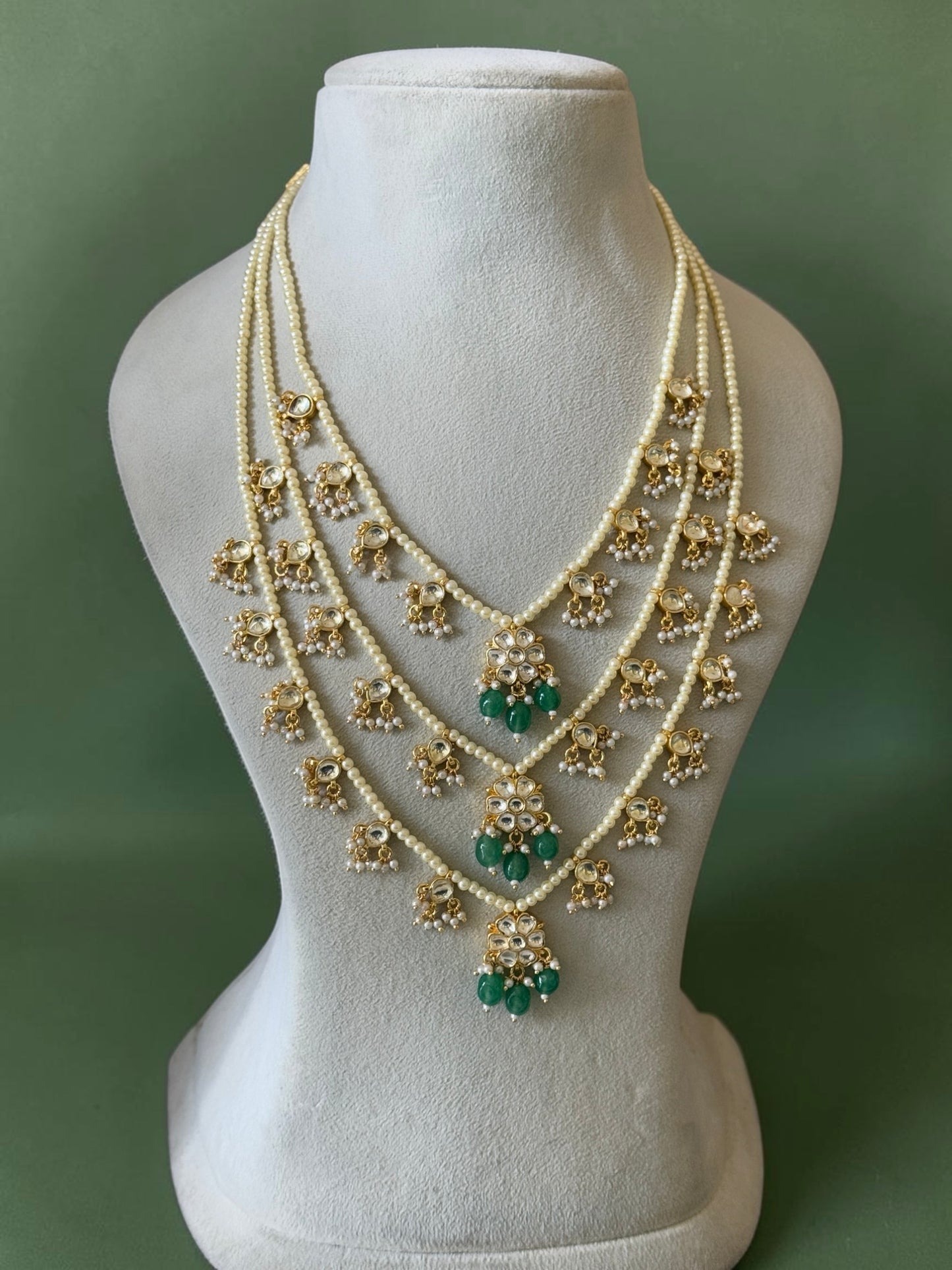 KUNDAN WHITE STONES LAYERED PEARL MIDLENGTH HARAM WITH GREEN BEAD DROPS