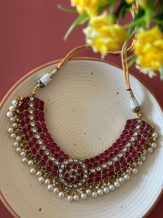 PINK STONE BUTTA CHOKER JADAU KUNDAN WHITE PEARLS