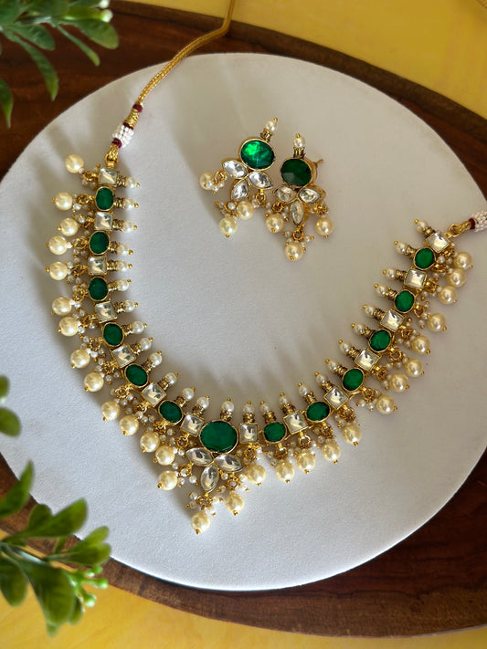POLKI KUNDAN NECKLACE SET | GREEN STONE WITH PEARL DROP