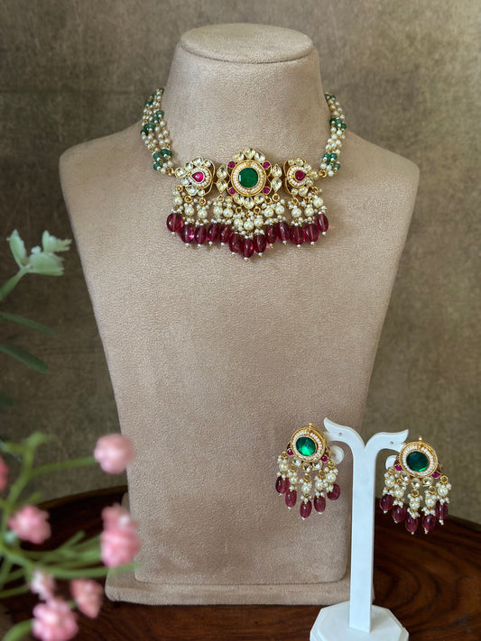 POLKI KUNDAN PEARLS CHOKER SET WITH RED BEADS