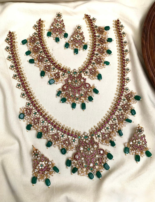 CZ FLORAL NECKLACE & HARAM COMBO SET WITH GREEN BEADS