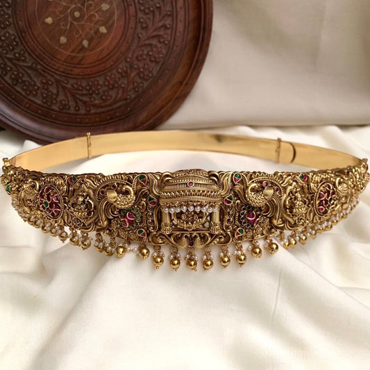 BRIDAL WAIST BELT WITH PEACOCK AND LAKSHMI MOTIF IN GOLD BEADS