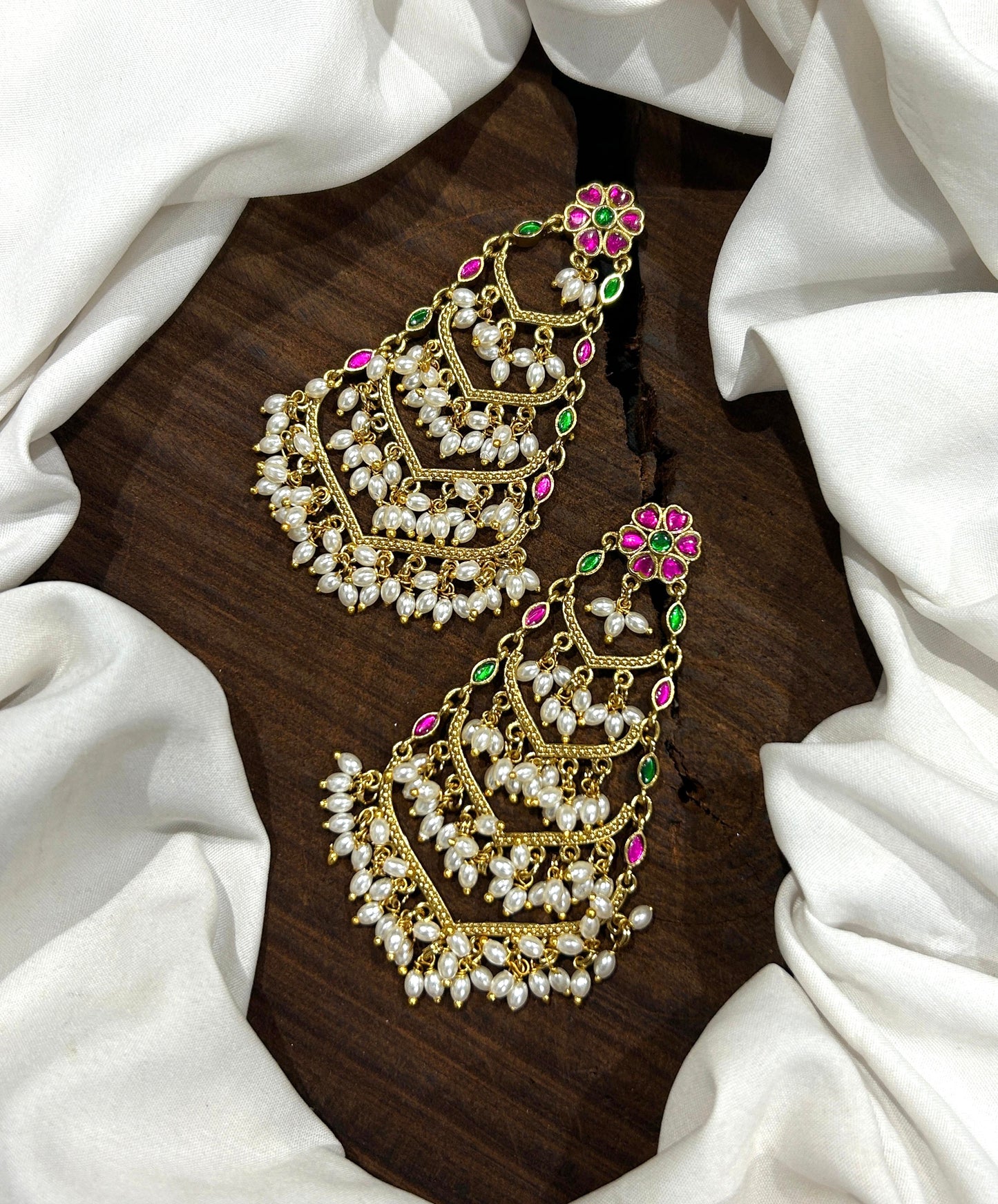 FLORAL DESIGN CHANDELIER EARRINGS WITH PINK / GREEN KEMP STONES