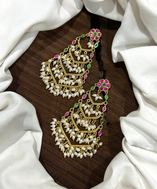 FLORAL DESIGN CHANDELIER EARRINGS WITH PINK / GREEN KEMP STONES
